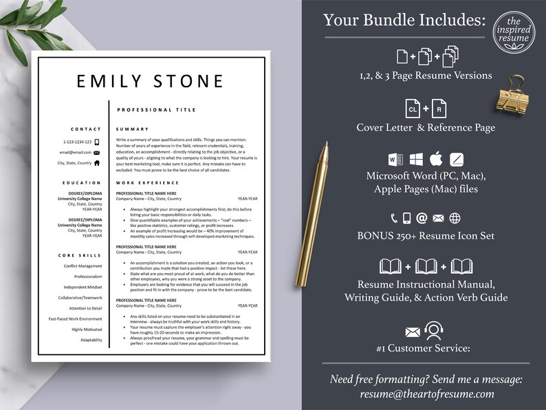 Pu&ograve; includere: Un modello di curriculum vitae in bianco e nero con il testo "Emily Stone" in alto. Il curriculum include sezioni per informazioni di contatto, istruzione, esperienza lavorativa, competenze chiave e titolo professionale. Il testo "Il tuo pacchetto include" &egrave; in un riquadro bianco con bordo nero. Il pacchetto include versioni del curriculum di 1, 2 e 3 pagine, una lettera di presentazione, una pagina di riferimento, file di Microsoft Word e Apple Pages, un set di icone del curriculum, un manuale di istruzioni del curriculum, una guida alla scrittura e una guida ai verbi d'azione. Il testo "#1 Servizio clienti" &egrave; in un riquadro bianco con bordo nero. Il testo "Hai bisogno di una formattazione gratuita? Mandami un messaggio: resume@theartofresume.com" &egrave; in un riquadro bianco con bordo nero.