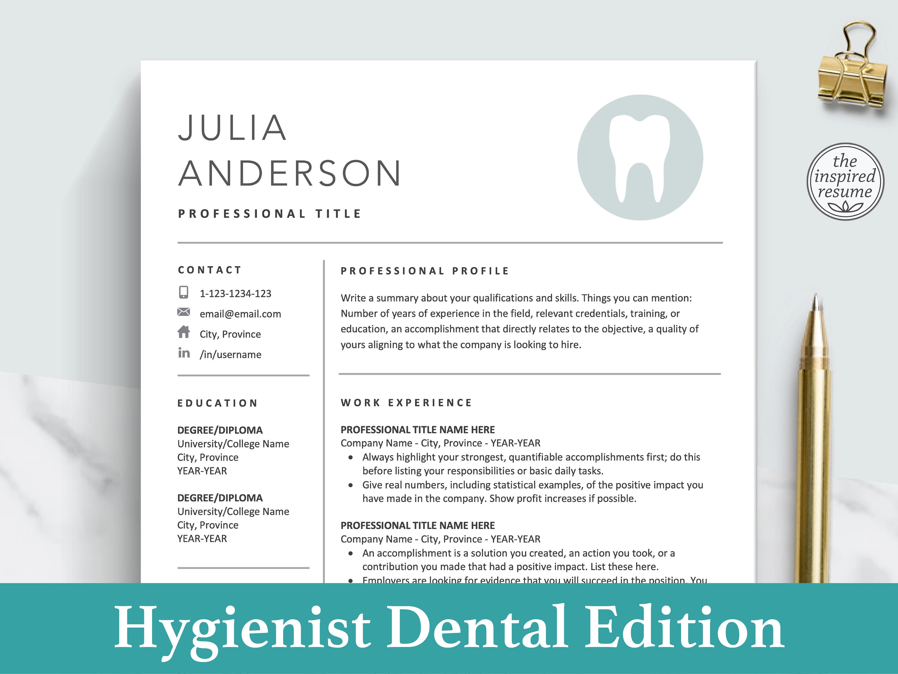 Dentist Resume Template | Dental Resume Design | Hygienist Resume Template | Hygienist CV Template | Dental Student Resume | Hygienist Grad
