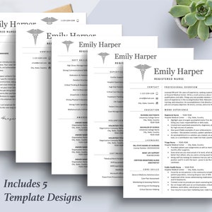 May include: Five different resume templates for registered nurses. Each template features a gray caduceus symbol and the text "Emily Harper, Registered Nurse". The templates include sections for contact information, professional overview, education, work experience, volunteer experience, awards, soft skills, and core values.