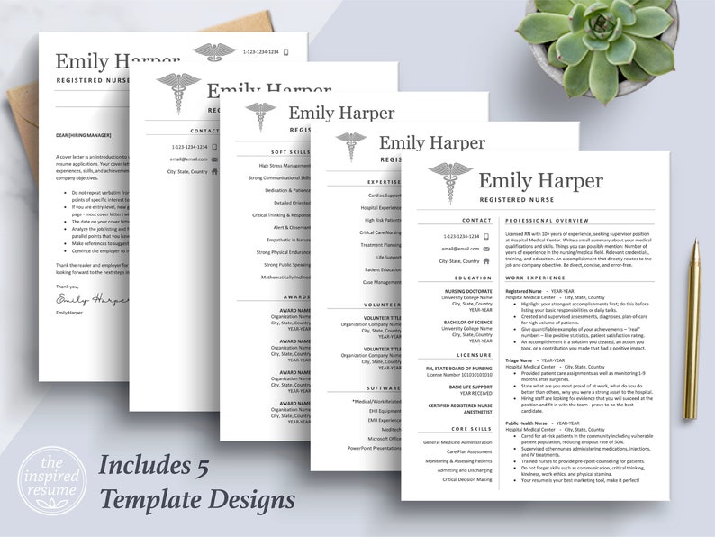 May include: Five different resume templates for registered nurses. Each template features a gray caduceus symbol and the text "Emily Harper, Registered Nurse". The templates include sections for contact information, professional overview, education, work experience, volunteer experience, awards, soft skills, and core values.
