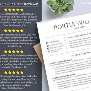 May include: A resume template with a black and white design. The template includes a section for qualifications, academic achievement, and experience. The text "Check Out Our Great Reviews!" is at the top of the page. The text "PORTIA WILLIAMS" is in a larger font size than the rest of the text. The text "JOB TITLE" is below the name. The text "QUALIFICATIONS SUMMARY" is in a smaller font size than the name. The text "ACADEMIC ACHIEVEMENT" is in a smaller font size than the name. The text "ANAL EXPERIEN" is at the bottom of the page.