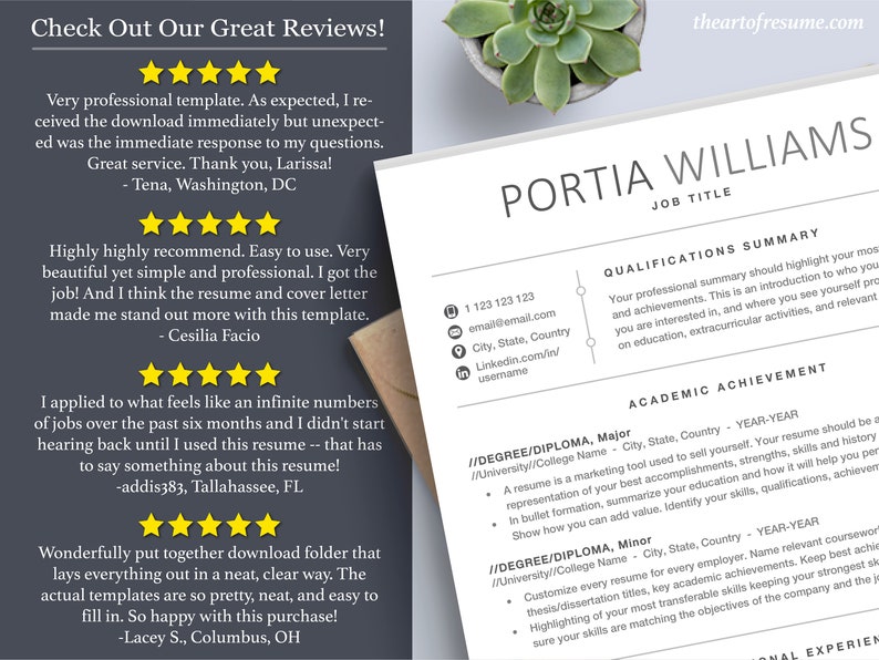 May include: A resume template with a black and white design. The template includes a section for qualifications, academic achievement, and experience. The text "Check Out Our Great Reviews!" is at the top of the page. The text "PORTIA WILLIAMS" is in a larger font size than the rest of the text. The text "JOB TITLE" is below the name. The text "QUALIFICATIONS SUMMARY" is in a smaller font size than the name. The text "ACADEMIC ACHIEVEMENT" is in a smaller font size than the name. The text "ANAL EXPERIEN" is at the bottom of the page.