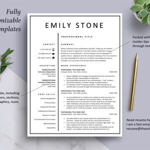 Pu&ograve; includere: Un modello di curriculum vitae in bianco e nero con il nome Emily Stone in alto. Il modello include sezioni per informazioni di contatto, riepilogo, istruzione, esperienza lavorativa e competenze chiave. Il testo "Packed with "filler" insider tips to guide you through templates" &egrave; nell'angolo in alto a destra. Il testo "Need resume help? I am a fast email away! resume@theartofresume.com" &egrave; nell'angolo in basso a destra.