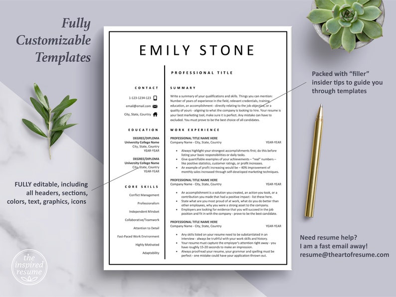 Pu&ograve; includere: Un modello di curriculum vitae in bianco e nero con il nome Emily Stone in alto. Il modello include sezioni per informazioni di contatto, riepilogo, istruzione, esperienza lavorativa e competenze chiave. Il testo "Packed with "filler" insider tips to guide you through templates" &egrave; nell'angolo in alto a destra. Il testo "Need resume help? I am a fast email away! resume@theartofresume.com" &egrave; nell'angolo in basso a destra.