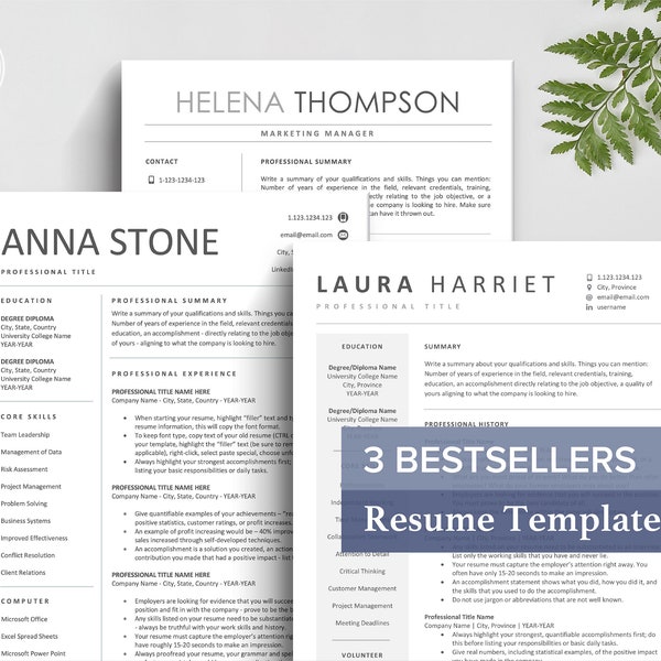 Simple Resume Templates (3 Resume Design Bundle) Professional Resume Templates with Cover Letters, Executive Resume Formats, CV Templates