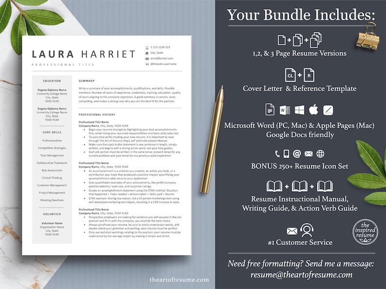 The Art of Resume Templates | Professional Modern Resume CV Template Maker 3, Cover Letter, Reference Page, Mac, PC, A4 Paper, US size, Microsoft Word. Apple Pages, Google Docs, Chromebook