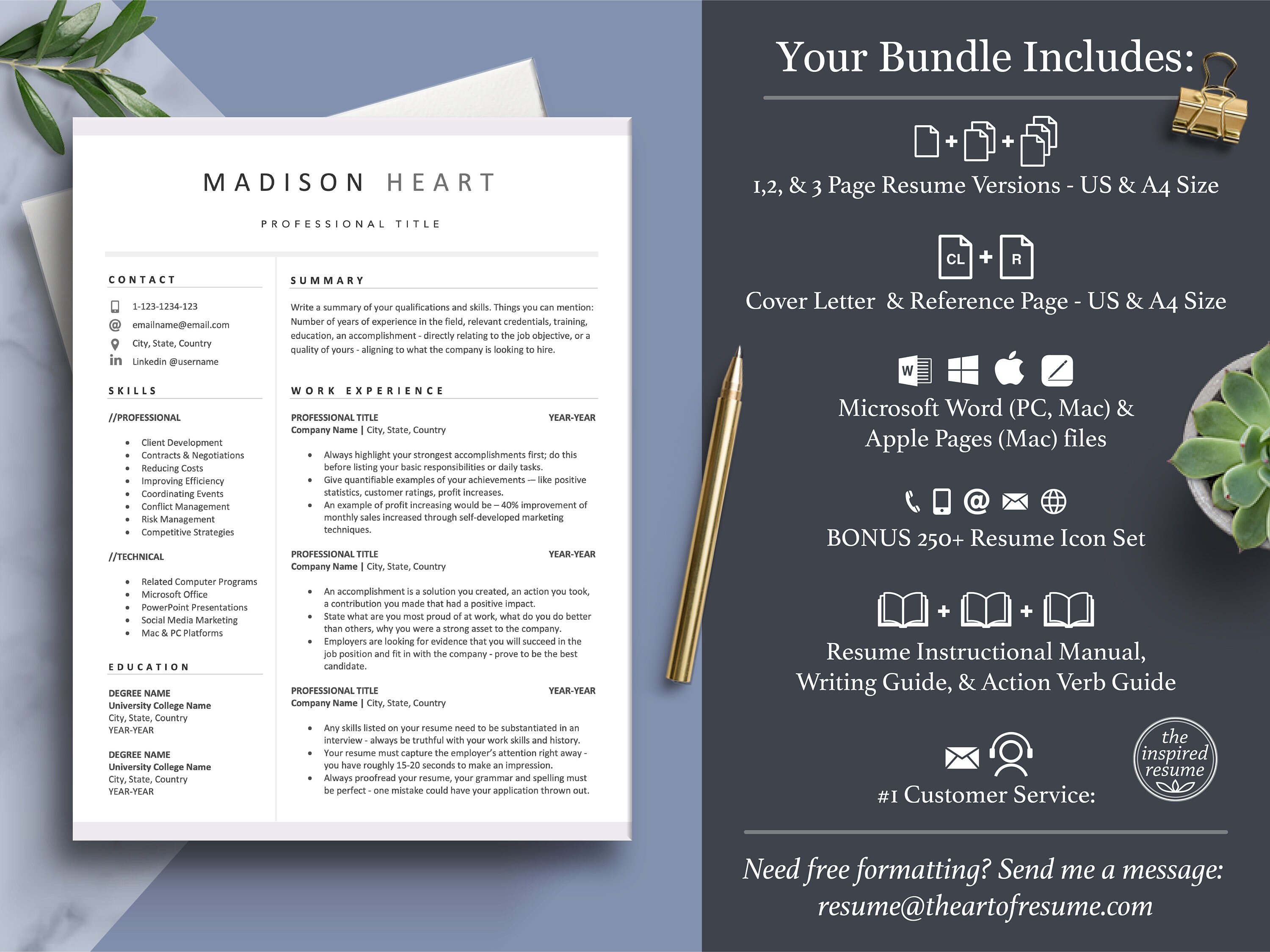 Clean Resume CV Template for Word & Mac Pages, Cover Letter | 1, 2, 3 ...