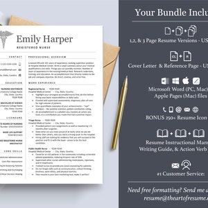 May include: A resume template bundle for registered nurses, featuring a professional resume design with a medical caduceus symbol. The bundle includes 1, 2, and 3-page resume versions, a cover letter, a reference page, 250+ resume icons, and a resume writing guide. The text "Your Bundle Includes" is displayed in a white box with a gold paperclip.