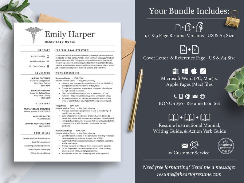 May include: A resume template bundle for registered nurses, featuring a professional resume design with a medical caduceus symbol. The bundle includes 1, 2, and 3-page resume versions, a cover letter, a reference page, 250+ resume icons, and a resume writing guide. The text "Your Bundle Includes" is displayed in a white box with a gold paperclip.