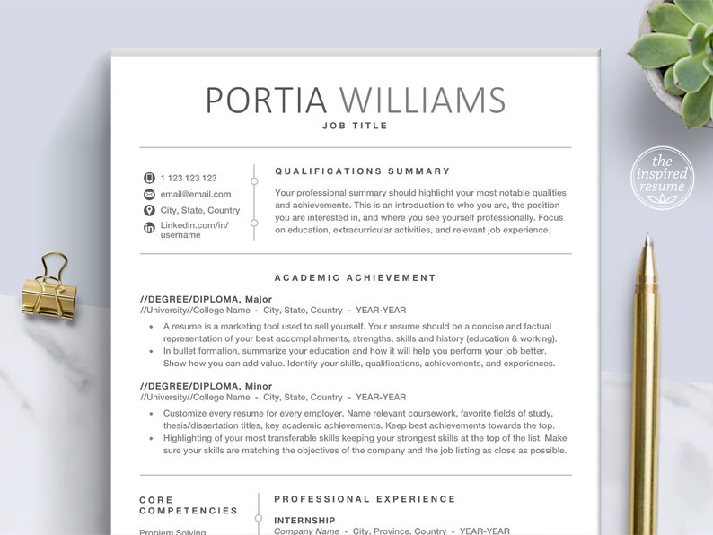 May include: A black and white resume template with the name Portia Williams at the top. The resume includes sections for qualifications summary, academic achievement, core competencies, and professional experience.
