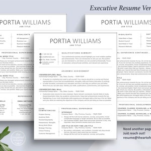 May include: A black and white resume template with the title "Executive Resume Version" and the name "Portia Williams" at the top. The resume includes sections for highlights, professional experience, qualifications summary, academic achievement, professional development, and references.