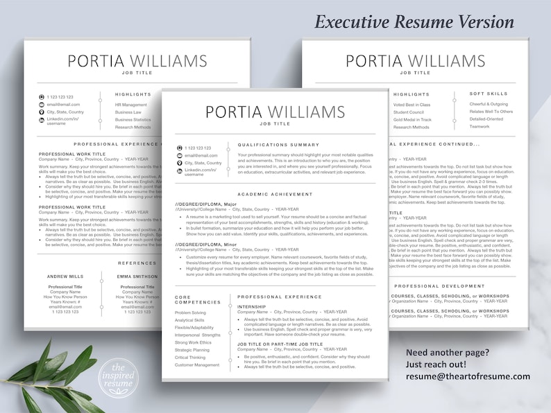 May include: A black and white resume template with the title "Executive Resume Version" and the name "Portia Williams" at the top. The resume includes sections for highlights, professional experience, qualifications summary, academic achievement, professional development, and references.