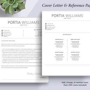 May include: A black and white cover letter and reference page template with the name Portia Williams at the top. The template includes sections for job title, contact information, references, and a cover letter writing guide.