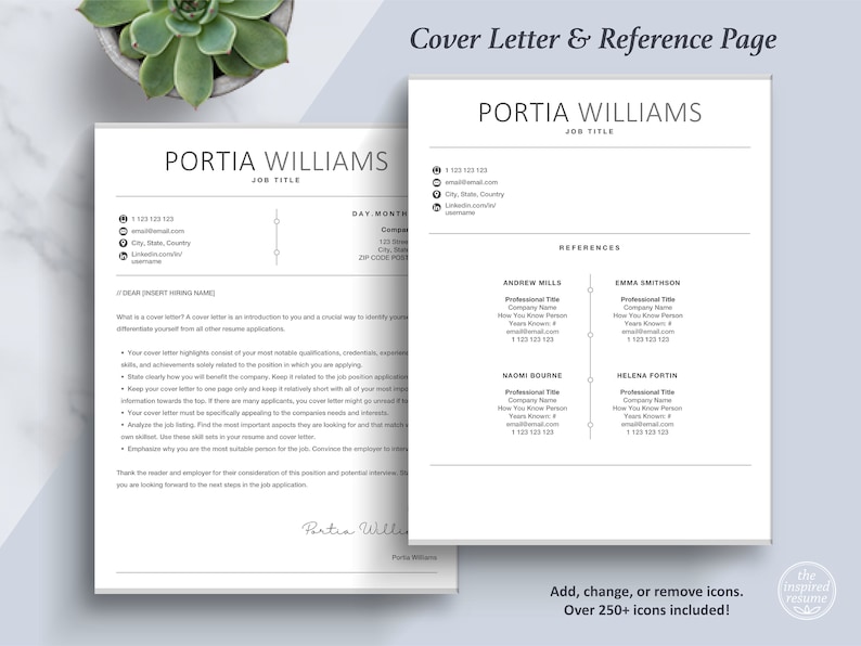 May include: A black and white cover letter and reference page template with the name Portia Williams at the top. The template includes sections for job title, contact information, references, and a cover letter writing guide.