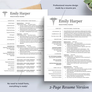 May include: A two-page resume template for a registered nurse. The template features a professional design with a modern, clean layout. The resume includes sections for contact information, professional overview, education, work experience, volunteer experience, professional development, and core skills. The template is designed to be easily customized and printed.