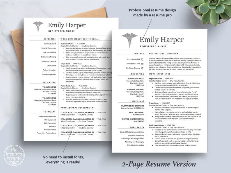 May include: A two-page resume template for a registered nurse. The template features a professional design with a modern, clean layout. The resume includes sections for contact information, professional overview, education, work experience, volunteer experience, professional development, and core skills. The template is designed to be easily customized and printed.