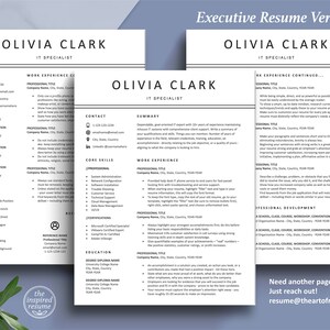 Puede incluir: Una plantilla de curr&iacute;culum vitae en blanco y negro con el t&iacute;tulo "Executive Resume Version" y el nombre "Olivia Clark" en la parte superior. El curr&iacute;culum incluye informaci&oacute;n de contacto, experiencia laboral, experiencia de voluntariado, habilidades b&aacute;sicas, educaci&oacute;n y desarrollo profesional.