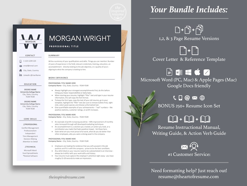 The Inspired Resume | Professional Simple Resume CV Design Template Maker, Download for Apple Pages and Microsoft Word, Mac and PC Resume CV Template | Curriculum Vitae for Apple Pages, Microsoft Word, Mac, PC