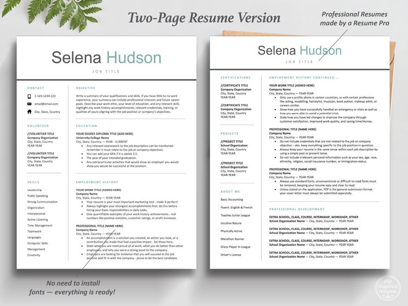 The Inspired Resume | Student No Work Experience Resume CV Template Design Bundle 2 Page