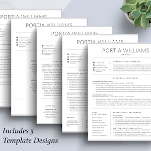 May include: A black and white resume template with the name Portia Williams at the top. The template includes sections for qualifications summary, academic achievement, core competencies, professional experience, and job title or part time job title.