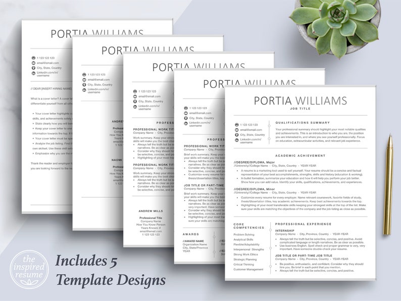 May include: A black and white resume template with the name Portia Williams at the top. The template includes sections for qualifications summary, academic achievement, core competencies, professional experience, and job title or part time job title.