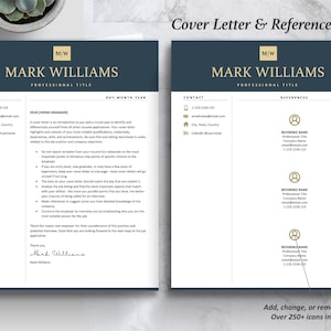 Inspired Resume Template | Editable  Navy Blue Resume Template Bundle | Matching Cover Letter and Reference Page Template Format