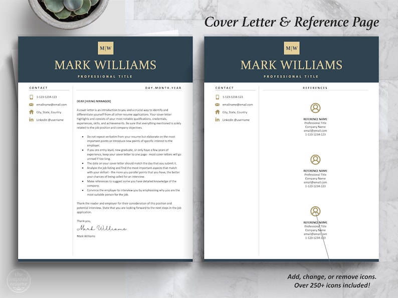 Inspired Resume Template | Editable  Navy Blue Resume Template Bundle | Matching Cover Letter and Reference Page Template Format