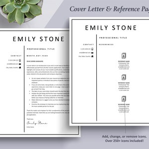 Pu&ograve; includere: Un modello di lettera di presentazione e pagina di riferimento in bianco e nero con il nome Emily Stone in alto. Il modello di lettera di presentazione include una sezione per le informazioni di contatto, il titolo professionale e un esempio di lettera di presentazione. Il modello di pagina di riferimento include una sezione per le informazioni di contatto, il titolo professionale e un elenco di referenze.