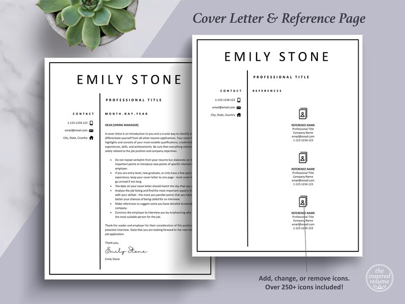 Pu&ograve; includere: Un modello di lettera di presentazione e pagina di riferimento in bianco e nero con il nome Emily Stone in alto. Il modello di lettera di presentazione include una sezione per le informazioni di contatto, il titolo professionale e un esempio di lettera di presentazione. Il modello di pagina di riferimento include una sezione per le informazioni di contatto, il titolo professionale e un elenco di referenze.