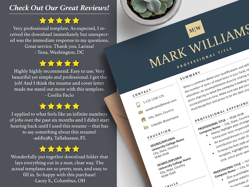 Inspired Resume Template |  Best on Etsy | Professional Executive Resume Template with Profile Picture Bundle Reviews 5-Star