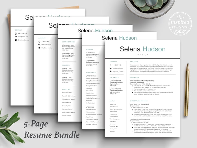 The Inspired Resume | Student No Work Experience 5 Page Resume CV Template Design Bundle