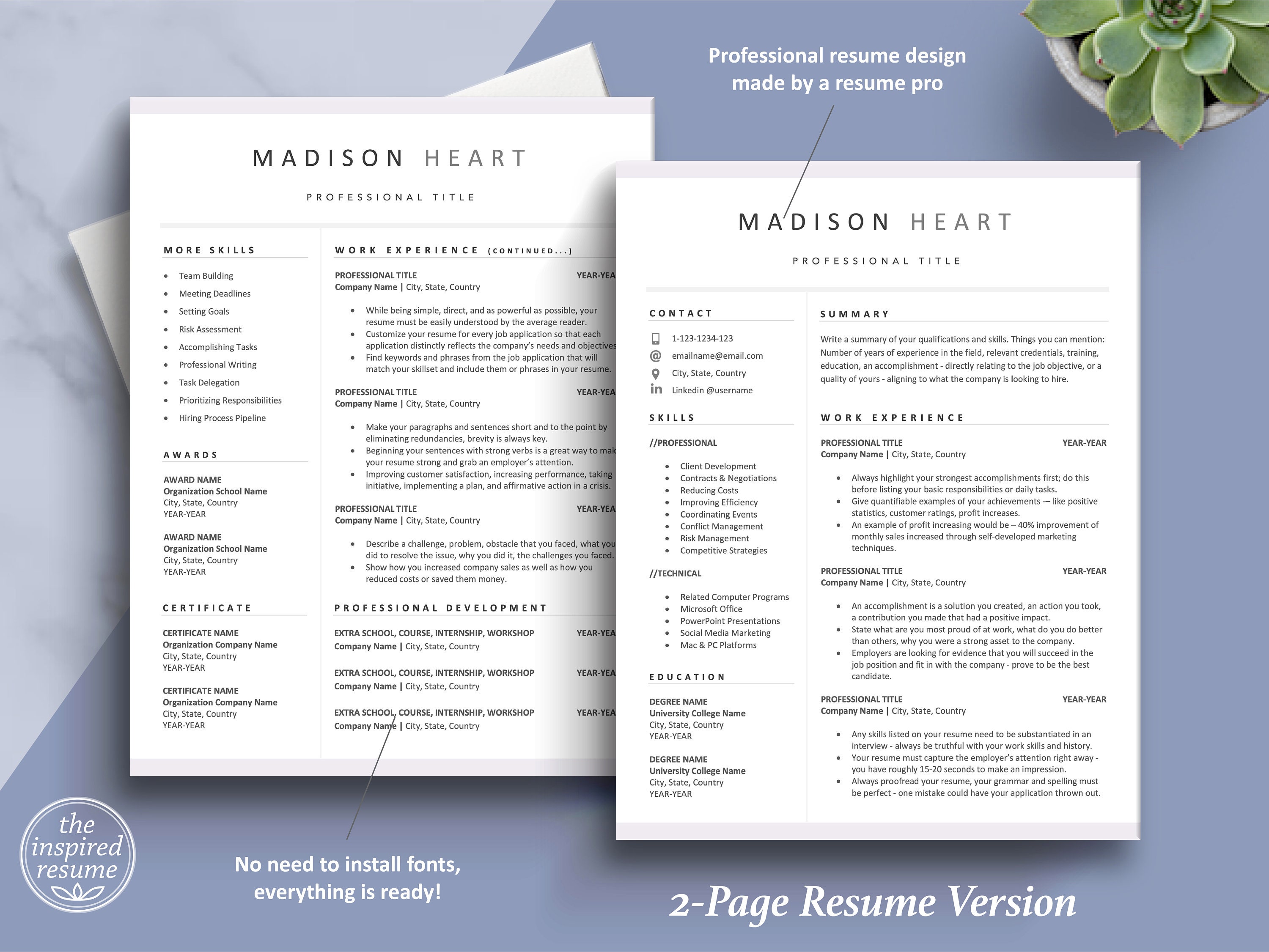 Clean Resume CV Template for Word & Mac Pages, Cover Letter | 1, 2, 3 ...