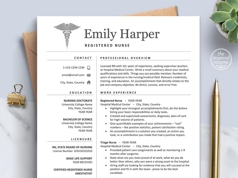 A resume template designed for registered nurses. The template features a medical symbol, contact information, education, work experience, and licensure sections. The text "Nurse Medical Edition" is displayed in a large font at the bottom of the page.