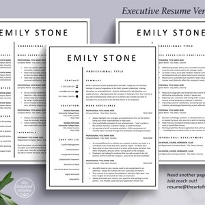 Pu&ograve; includere: Modello di curriculum vitae in bianco e nero con il testo "Executive Resume Version" e "Emily Stone" in alto. Il curriculum include sezioni per certificati, esperienza di volontariato, altri, stage, esperienza lavorativa, istruzione, contatto, competenze chiave e sviluppo professionale.