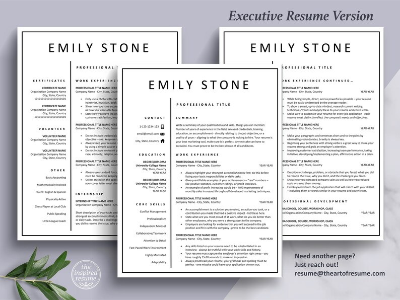 Pu&ograve; includere: Modello di curriculum vitae in bianco e nero con il testo "Executive Resume Version" e "Emily Stone" in alto. Il curriculum include sezioni per certificati, esperienza di volontariato, altri, stage, esperienza lavorativa, istruzione, contatto, competenze chiave e sviluppo professionale.