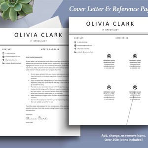 Puede incluir: Una plantilla de carta de presentaci&oacute;n y p&aacute;gina de referencia en blanco y negro con el nombre Olivia Clark y el t&iacute;tulo Especialista en TI. La plantilla incluye informaci&oacute;n de contacto, una carta de presentaci&oacute;n de muestra y una p&aacute;gina de referencia con espacio para cuatro referencias.