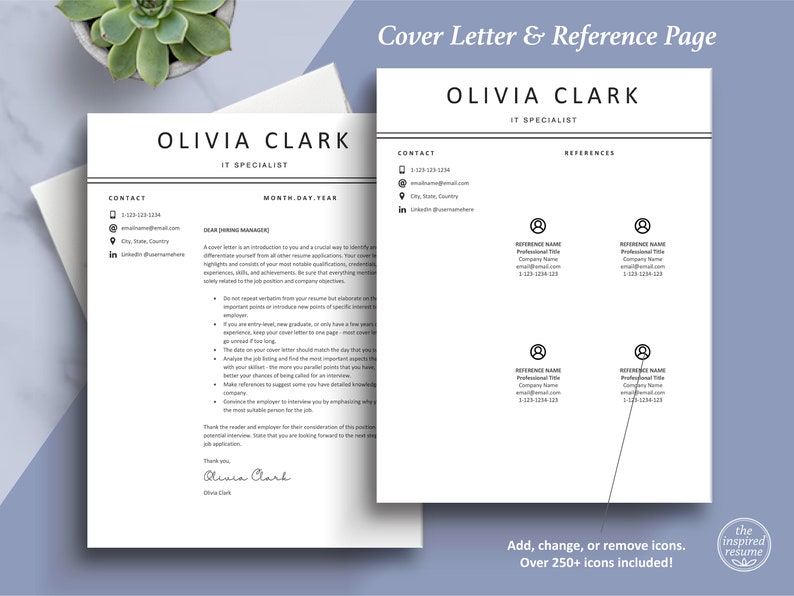 Puede incluir: Una plantilla de carta de presentaci&oacute;n y p&aacute;gina de referencia en blanco y negro con el nombre Olivia Clark y el t&iacute;tulo Especialista en TI. La plantilla incluye informaci&oacute;n de contacto, una carta de presentaci&oacute;n de muestra y una p&aacute;gina de referencia con espacio para cuatro referencias.