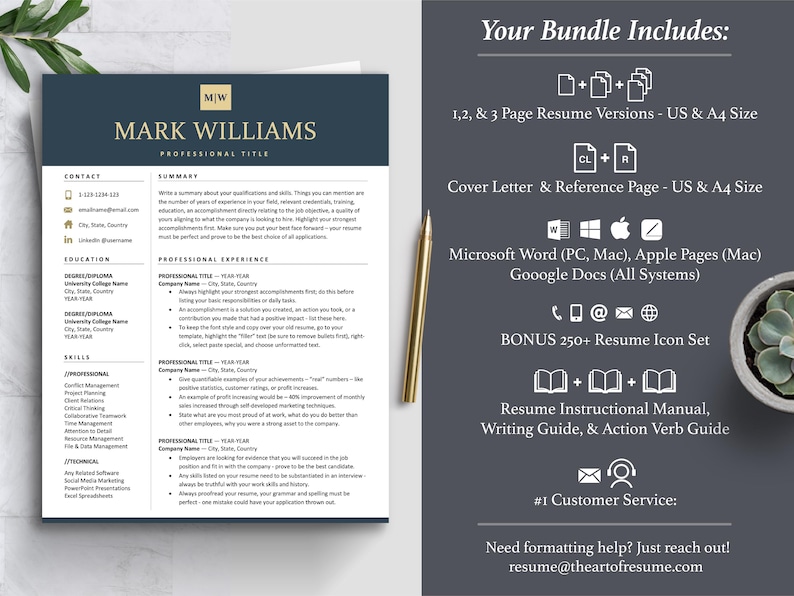 Inspired Resume Template |  Modern Custom  Navy Blue Resume Template with Profile Picture Maker | Free Resume Template Download for Mac, PC, Apple, Google Docs, Microsoft Word, Apple Pages