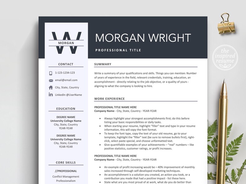 The Inspired Resume | Professional Simple Resume CV Design Template Maker, Download for Apple Pages and Microsoft Word, Mac and PC Resume CV Template | Curriculum Vitae for Apple Pages, Microsoft Word, Mac, PC