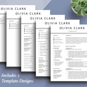 Puede incluir: Una plantilla de curr&iacute;culum en blanco y negro con el nombre Olivia Clark y el t&iacute;tulo Especialista en TI. El curr&iacute;culum incluye secciones para informaci&oacute;n de contacto, resumen, experiencia laboral, habilidades principales, certificaciones, educaci&oacute;n y premios.