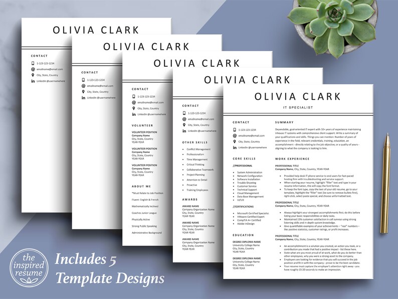 Puede incluir: Una plantilla de curr&iacute;culum en blanco y negro con el nombre Olivia Clark y el t&iacute;tulo Especialista en TI. El curr&iacute;culum incluye secciones para informaci&oacute;n de contacto, resumen, experiencia laboral, habilidades principales, certificaciones, educaci&oacute;n y premios.
