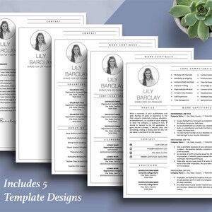 May include: Five different resume templates with a black and white color scheme. Each template features a headshot of a woman and the text "Lily Barclay, Director of Finance".