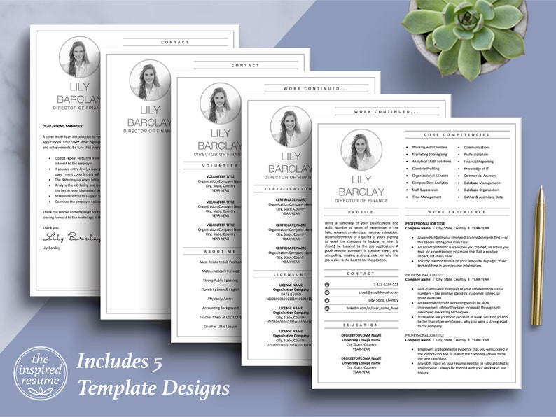 May include: Five different resume templates with a black and white color scheme. Each template features a headshot of a woman and the text "Lily Barclay, Director of Finance".