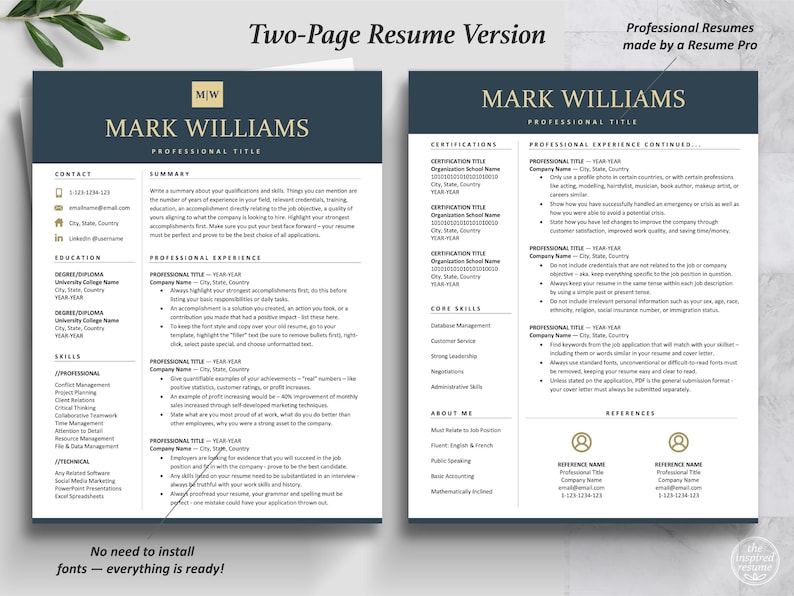 Inspired Resume Template |  Professional S Navy Blue t Resume Template with Profile Picture Bundle | Two-Page Executive C-Suite Level CV Resume Format