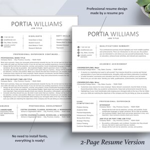 May include: A two-page resume template with a modern, minimalist design. The template features a black and white color scheme with a simple, clean layout. The resume includes sections for contact information, highlights, soft skills, professional experience, awards, and professional development. The text "No need to install fonts, everything is ready!" is at the bottom of the page.