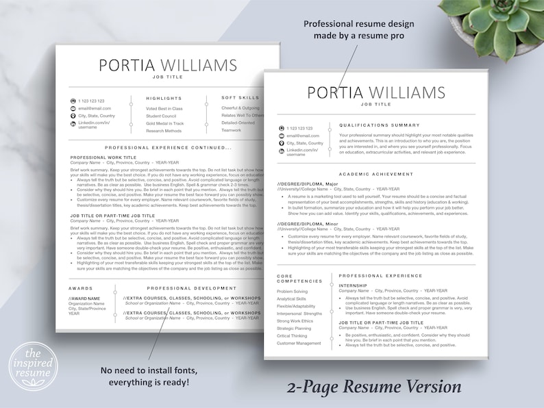 May include: A two-page resume template with a modern, minimalist design. The template features a black and white color scheme with a simple, clean layout. The resume includes sections for contact information, highlights, soft skills, professional experience, awards, and professional development. The text "No need to install fonts, everything is ready!" is at the bottom of the page.