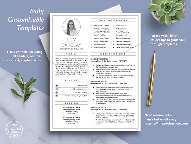 May include: A resume template with a black and white design. The template features a profile section, a contact section, an education section, and a work experience section. The template also includes a section for core competencies. The template is fully customizable and includes insider tips to guide you through the process.