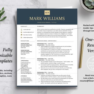 Inspired Resume Template | Executive C Suite Level  Navy Blue Resume Template Bundle | One-Page CV Resume Format