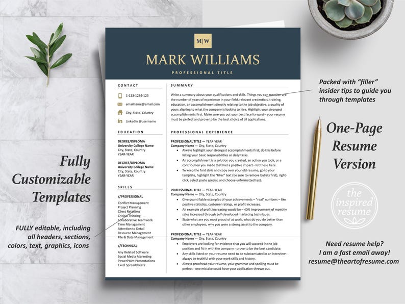Inspired Resume Template | Executive C Suite Level  Navy Blue Resume Template Bundle | One-Page CV Resume Format