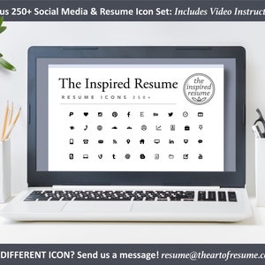 May include: A laptop screen displaying a collection of 250+ social media and resume icons. The text on the screen reads "The Inspired Resume" and "RESUME ICONS 250+". The icons include a heart, a phone, a globe, a cloud, a house, a LinkedIn logo, and a Twitter logo.